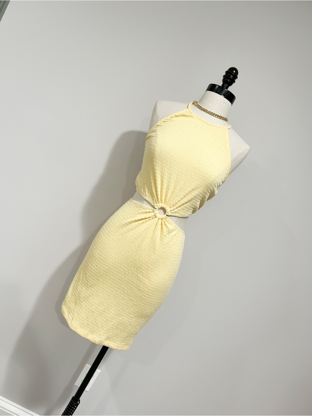 Peach Love California Pale Yellow Halter Ring Cutout Mini Dress
